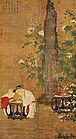 A portrait oriented painting depicting two young children, a boy and a slightly older girl, playing with figurines on a table in a garden. Behind them is a tall rock flanked by branches of a flowering tree.