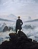 A painting of a man standing with his back to the viewer. He is atop a mountain and surrounded by clouds and fog. He is dressed in black and contrasts sharply with the whites, pinks, and blues of the atmosphere. In the distance outcroppings of rocks can be seen.
