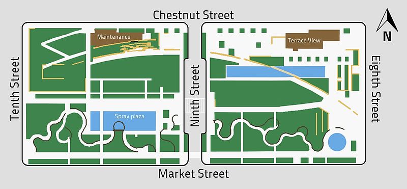Two roughly square lots are shown on map with a light grey background. Buildings are colored brown; plantings, green; water features, blue; and walking paths, off-white.